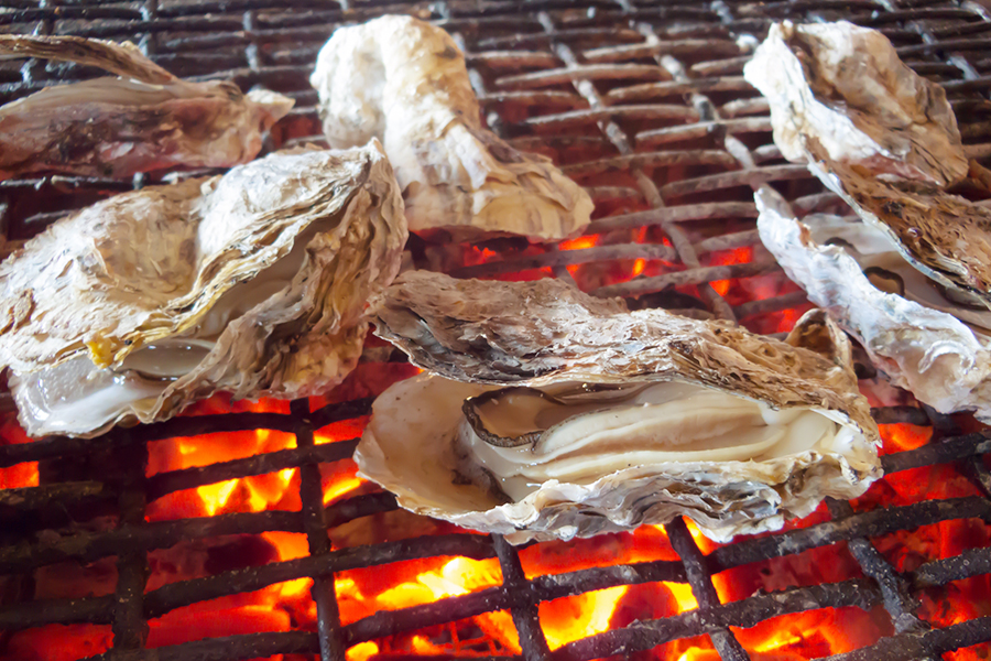 炭火の上で網焼きにする牡蠣のイメージ写真